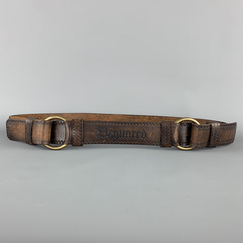 DSQUARED2 Size M Brown Leather Double Hoop Embossed Logo Belt