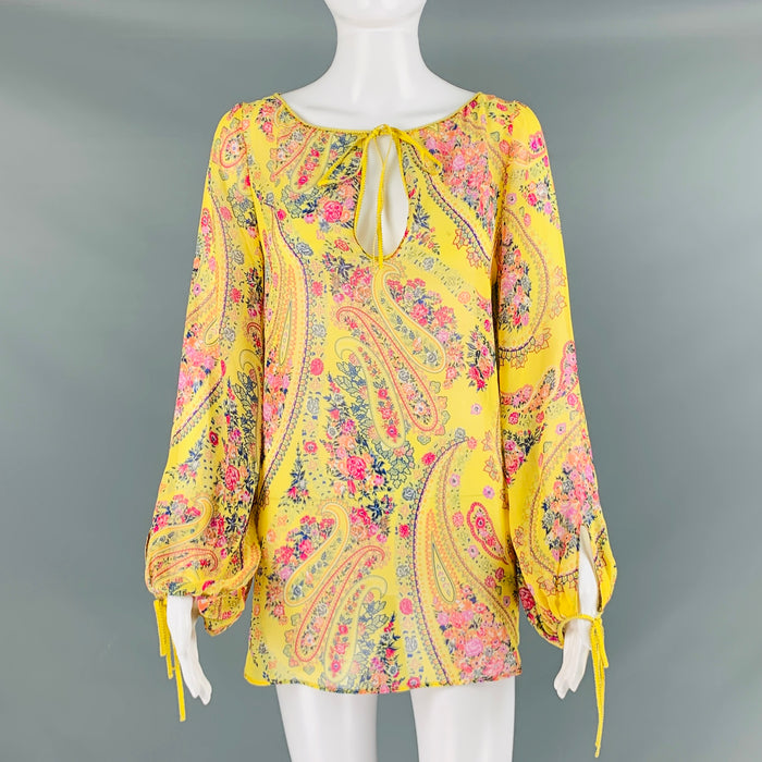 ETRO Size 2 Yellow Pink Silk Floral Long Sleeve Blouse