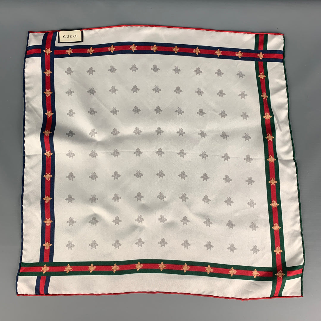 GUCCI White Red Bees Silk Pocket Square