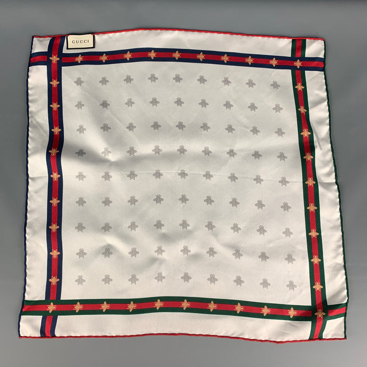 GUCCI White Red Bees Silk Pocket Square