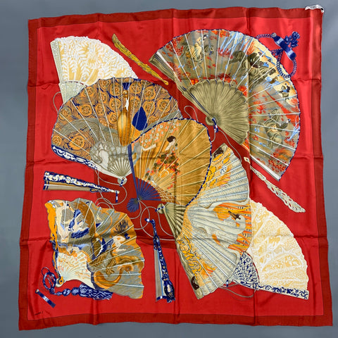HERMES Red Gold Fan Silk Brise de Charme Scarf