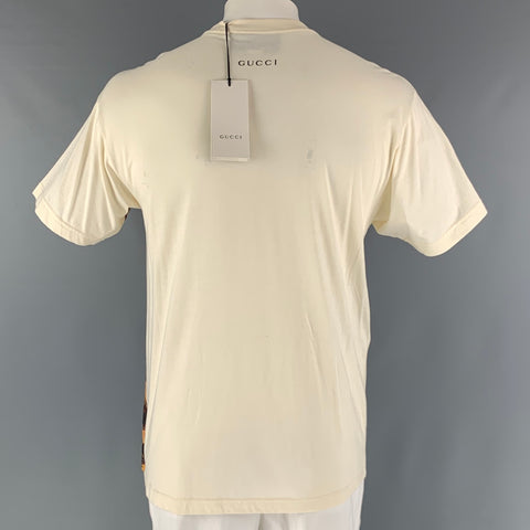 GUCCI Size XS Beige Multi-Color Embroidery Cotton Crew-Neck T-shirt