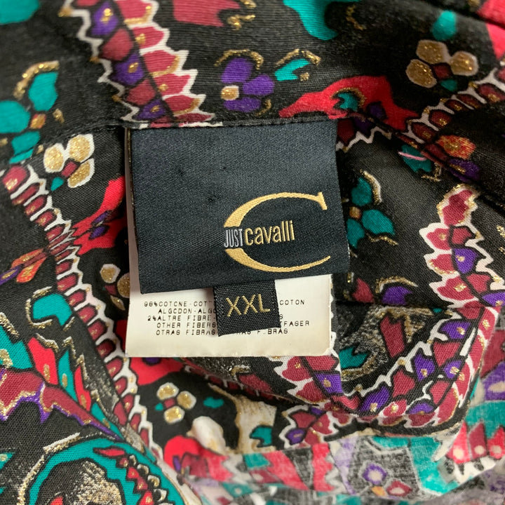 JUST CAVALLI Size XXL Multi-Color Print Cotton Blend Button Up Long Sleeve Shirt