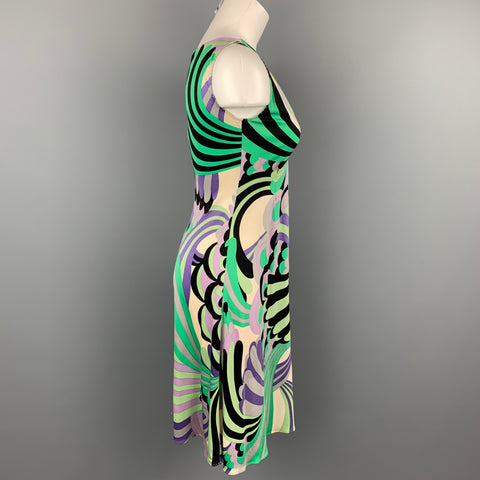 ELIE TAHARI Taille S Robe à col en V en jersey de soie abstrait vert et violet