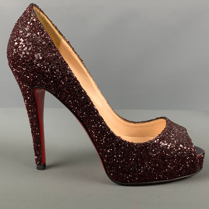 CHRISTIAN LOUBOUTIN Size 6.5 Burgundy Glitter Peep Toe Pumps