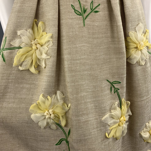 OSCAR DE LA RENTA Size 0 Taupe Woven Yellow Silk Flower Fit Flair Dress