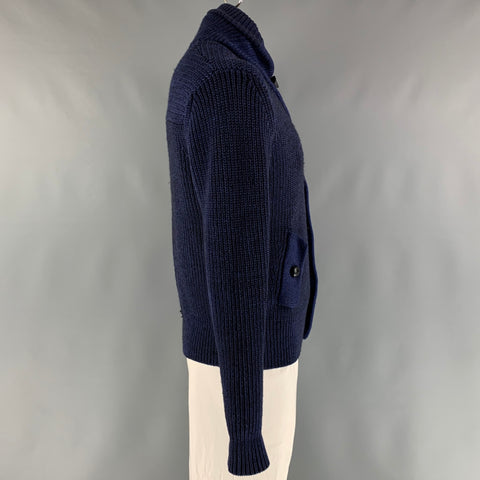 BURBERRY BRIT Size XL Blue Knitted Linen Blend Shawl Collar Cardigan