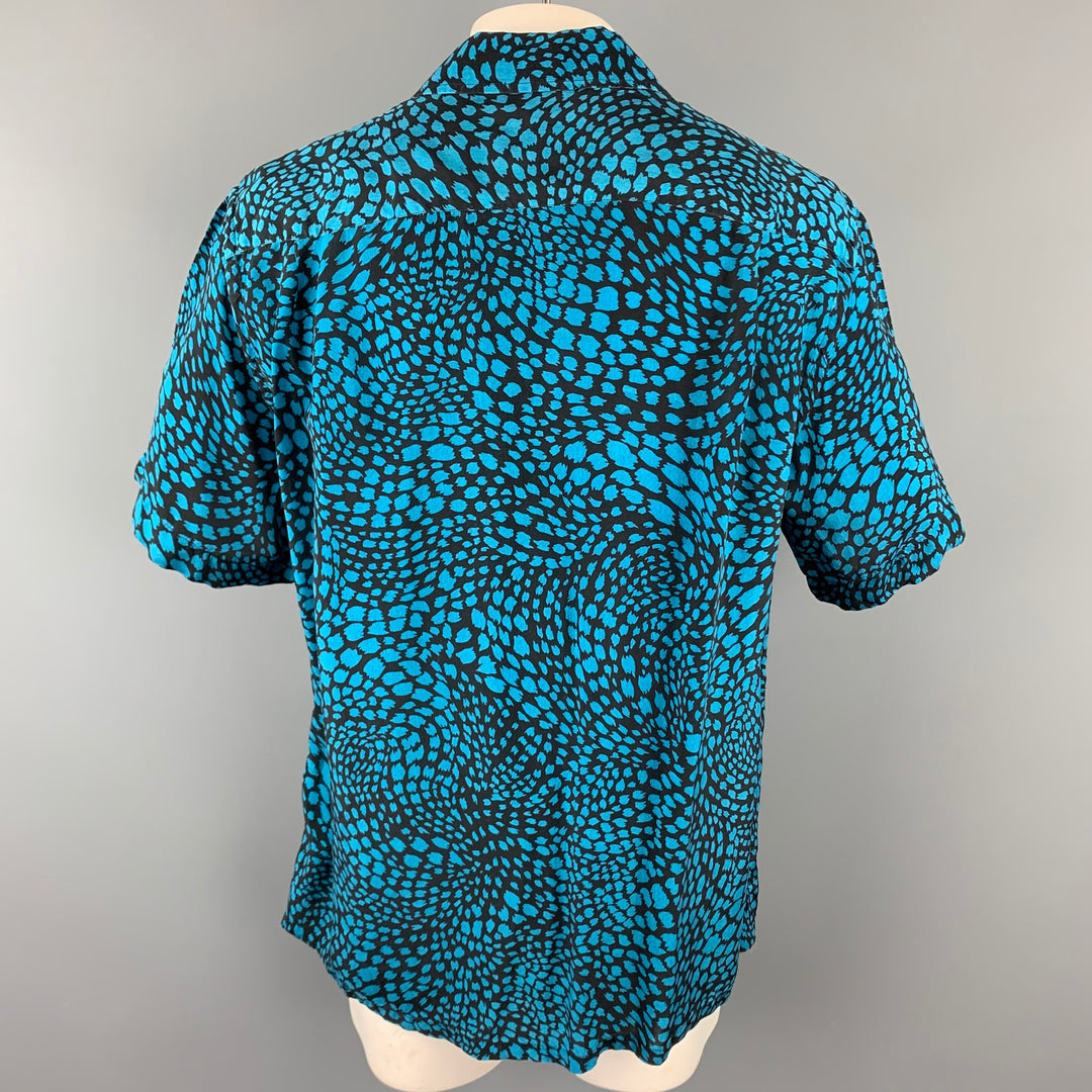 BRIONI for NEIMAN MARCUS Size M Aqua & Black Print Rayon Button Up Short Sleeve Shirt