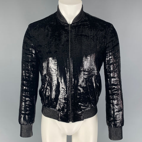 SAINT LAURENT 2017 Size 36 Black Metallic Polyamide Silk Bomber Jacket