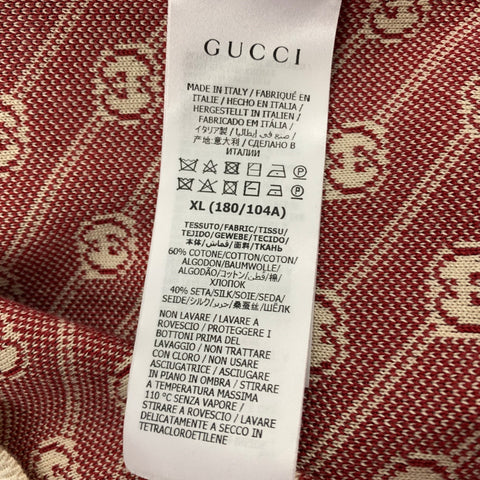 GUCCI Size L Burgundy Beige Logo Wool Silk Buttoned Polo