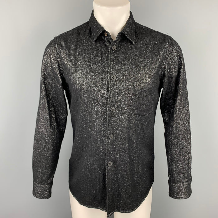 COMME des GARCONS HOMME PLUS Size M Black & Silver Metallic Wool Blend Rubber Buttons Long Sleeve Shirt