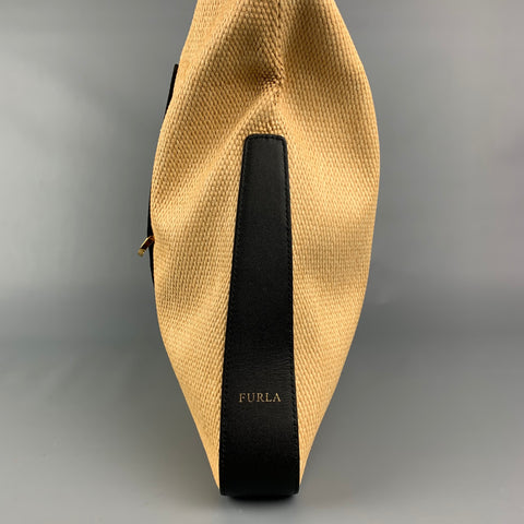 FURLA Fortezza Beige & Black Straw Leather Trim Tote Handbag