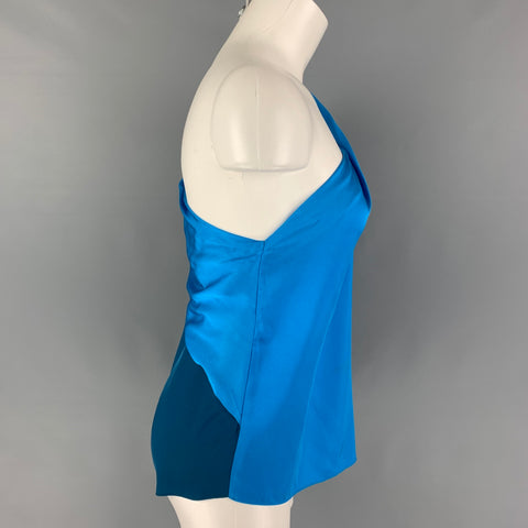 ELIE TAHARI Cobalt Blue Silk Two Tone One Shoulder Blouse