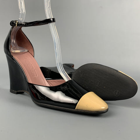 JIL SANDER Talla 6.5 Zapatos de tacón de charol con bloques de color negro y nude