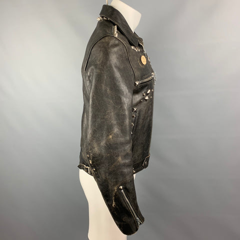 R13 Size M Black Distressed Studded Leather Zip Up Shut The Fuck Up Jacket