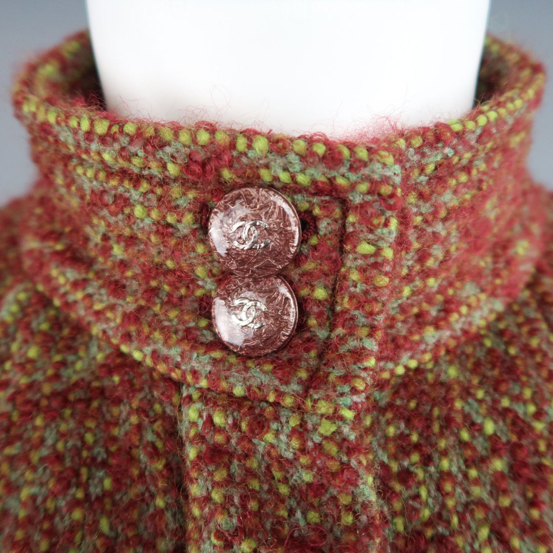 CHANEL Spring 2014 Size 14 Burgundy & Green Textured Boucle High Collar Coat