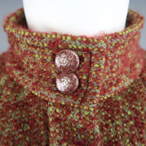 CHANEL Spring 2014 Size 14 Burgundy & Green Textured Boucle High Collar Coat CHANEL