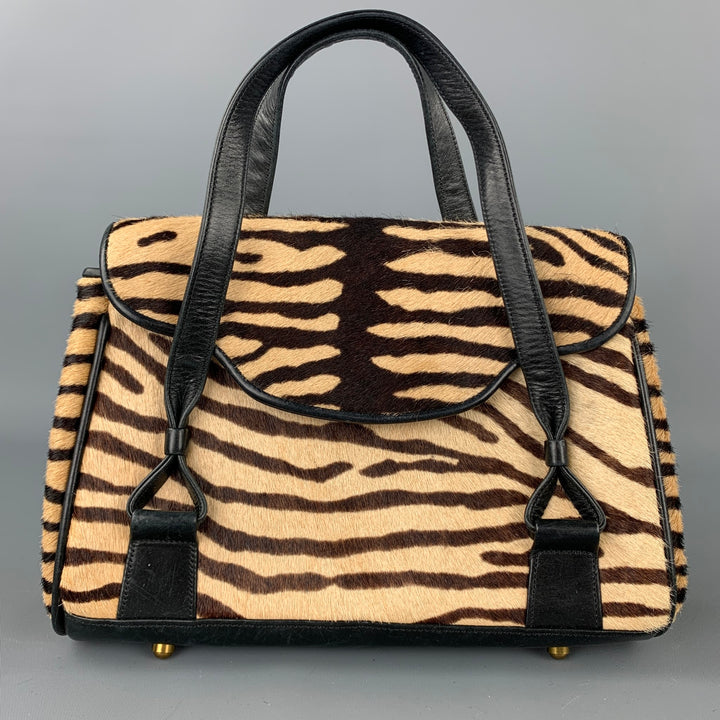VAUGHN Brown & Beige Zebra Pony Hair Top Handles Handbag