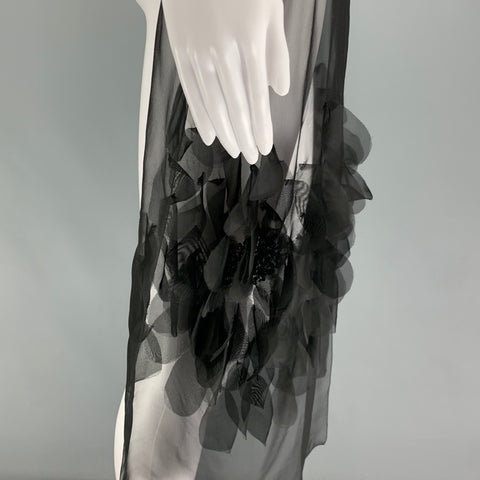 CHANEL Black Silk Large Floral Applique Rhinestone Scarf