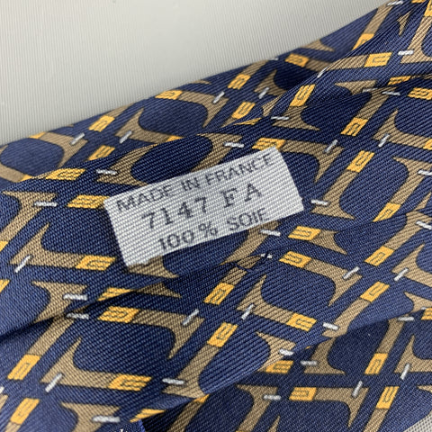 HERMES Print Navy & Brown Abstract Print Silk Tie 7147 FA