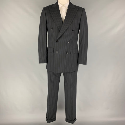 PAL ZILERI Size 40 Black Blue Stripe Wool Double Breasted Suit