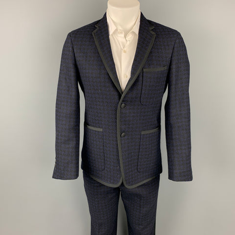 BLACK FLEECE Size 38 Black & Navy Houndstooth Wool Tuxedo Suit