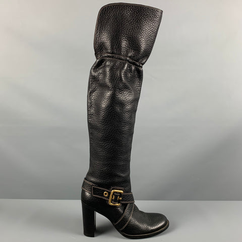 DOLCE &amp; GABBANA Talla 10 Botas con correa en el tobillo de cuero negro con grano de guijarro