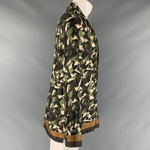 FENDI Size M Green Brown Abstract Silk Button Up Long Sleeve Shirt