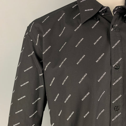 BALENCIAGA Size M Black White Logo Cotton Button Down Long Sleeve Shirt