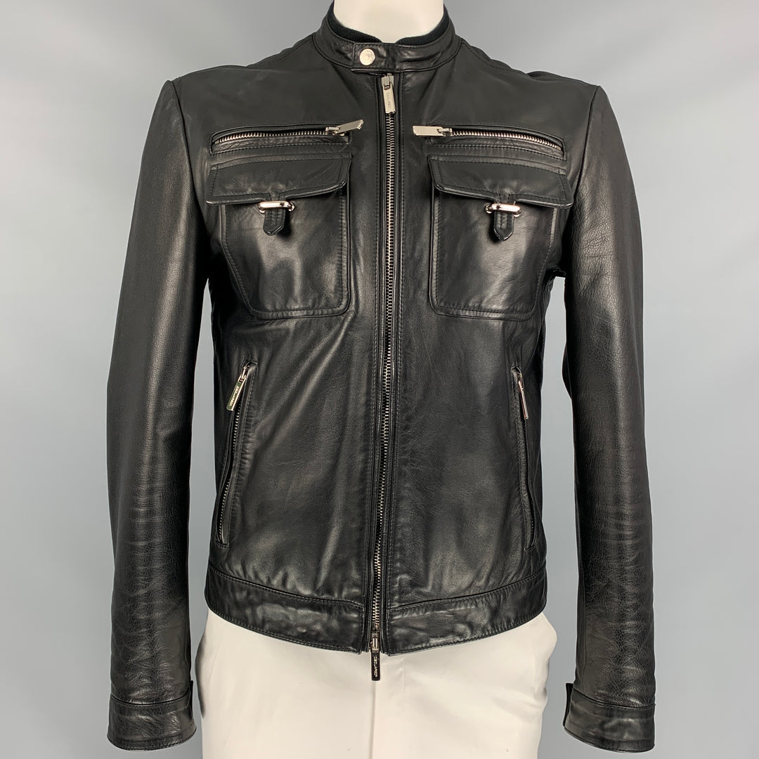 DSQUARED2 Size 42 Black Leather Multi-Pockets Zip Up Jacket