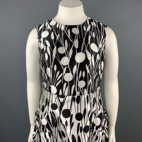 CAROLINA HERRERA Talla 12 Vestido acampanado de seda / algodón con estampado blanco y negro