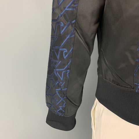 EMPORIO ARMANI Size 42 Black Blue Monogram Jacquard Satin Polyester Cotton Jacket