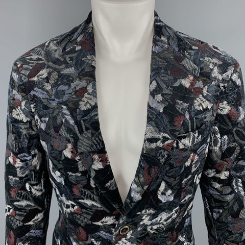 SALVATORE FERRAGAMO 38 / IT 48 Veste de manteau de sport brodée en velours multicolore imprimé feuilles