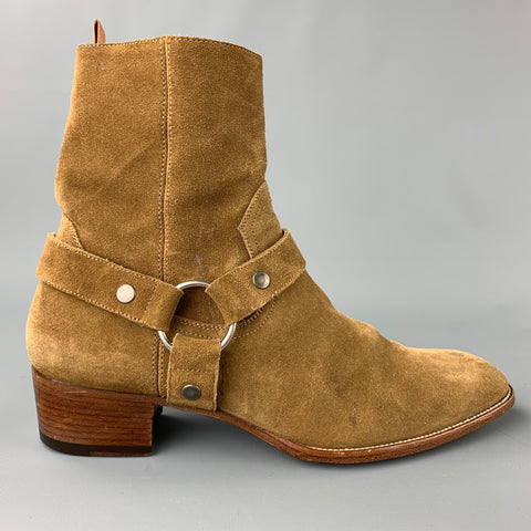 SAINT LAURENT Wyatt Size 12 Tan Leather Harness Ankle Boots
