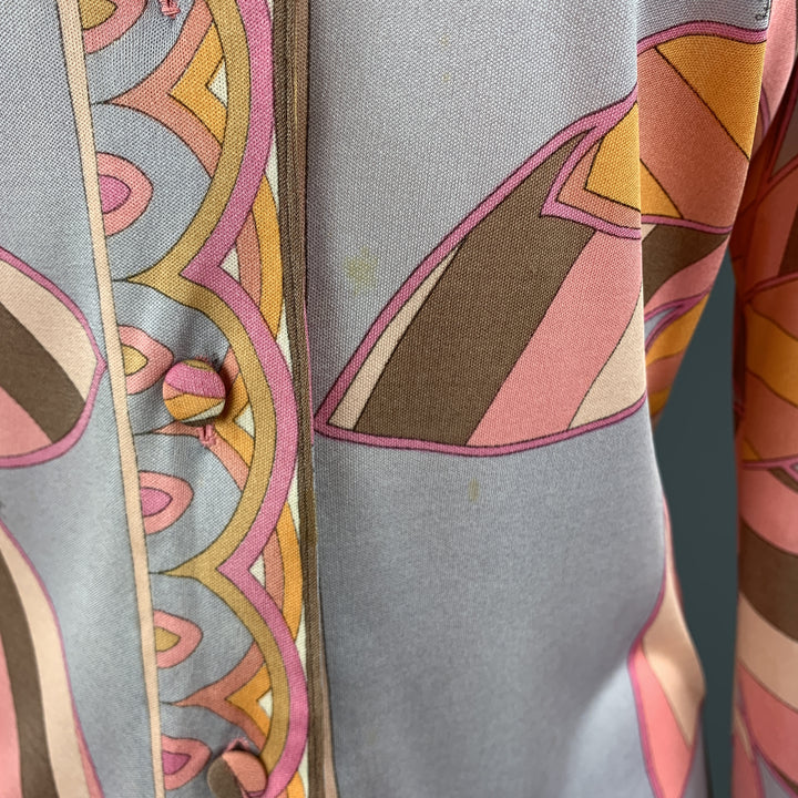 EMILIO PUCCI Vintage Size 10 Grey & Pink Floral Print Silk Blend Blouse