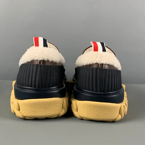 THOM BROWNE Size 7.5 Navy Cream Brown Leather Shearling Loafer Duck Shoe