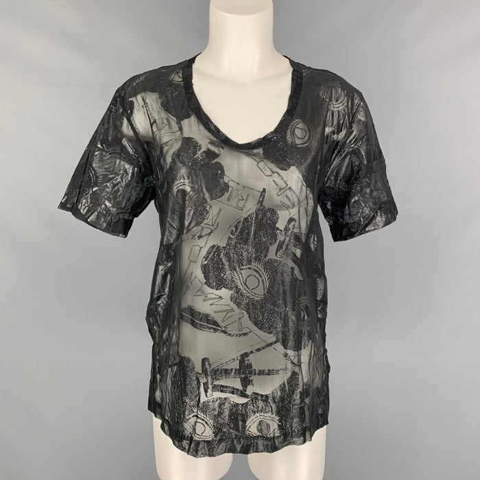 BLUMARINE Size L Black Silver See Through Short Sleeve Blouse