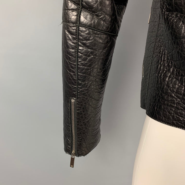 EMPORIO ARMANI Size 38 Black Textured Leather Zip Up Jacket