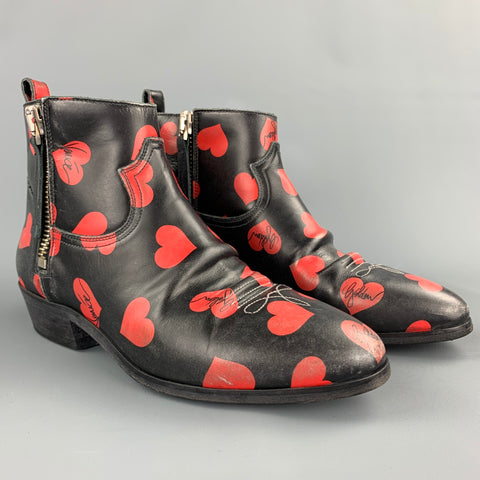 GOLDEN GOOSE Viand Talla 7.5 Botines de cuero con estampado de corazones en negro y rojo