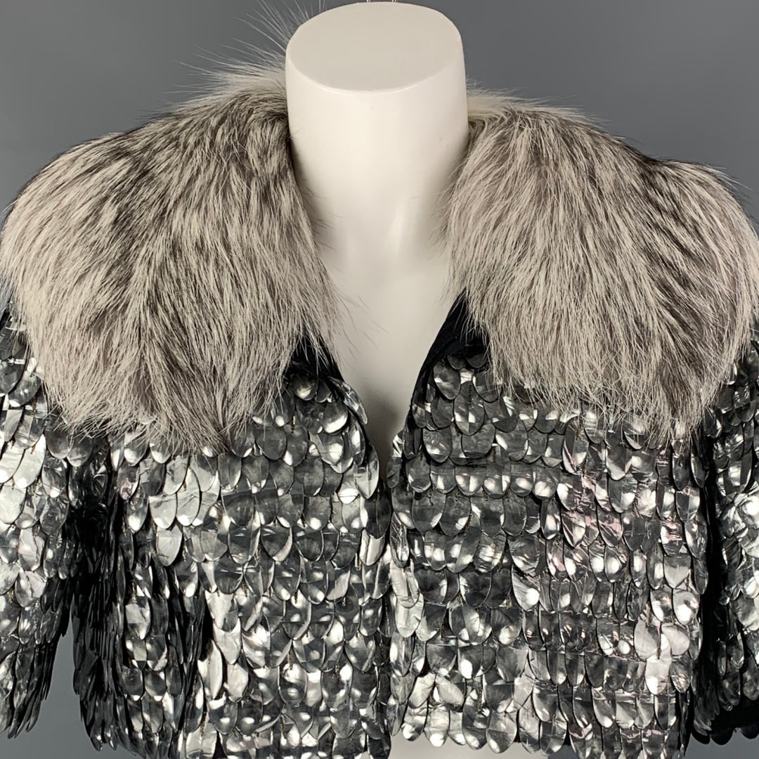 MARC JACOBS Size 6 Silver & Black Wool Blend Fox Fur Collar Cropped Jacket