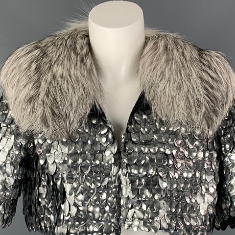 MARC JACOBS Talla 6 Chaqueta corta con cuello de piel de zorro en mezcla de lana plateada y negra