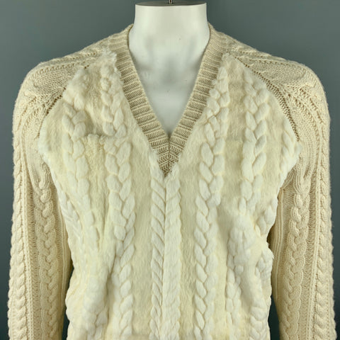BURBERRY PRORSUM F/W 2011 Size XL Cream Wool / Cashmere Fur V-neck Pullover Sweater