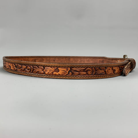 VINTAGE Taille 34 Ceinture skinny en cuir sculpté marron