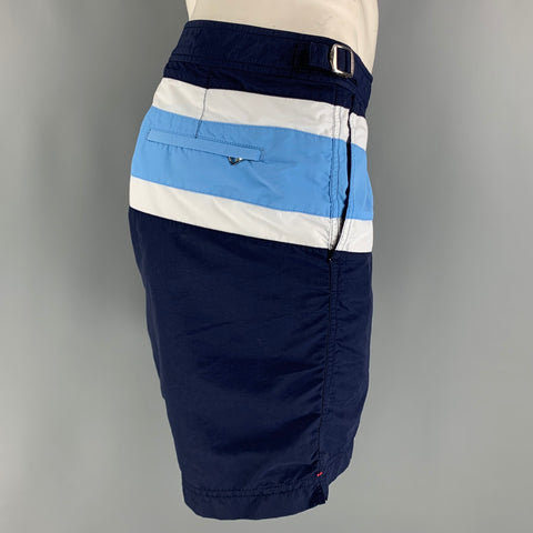 ORLEBAR BROWN Size 38 Navy White Stripe Nylon Side Tabs Swim Trunks