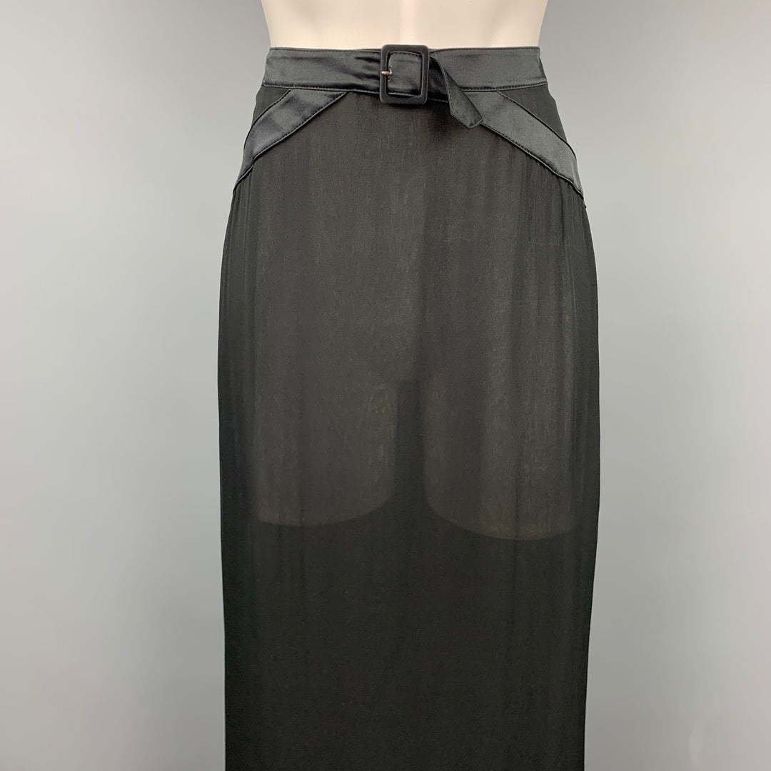 VALENTINO Size 8 Black Sheer Silk Chiffon Satin Belt Maxi Skirt