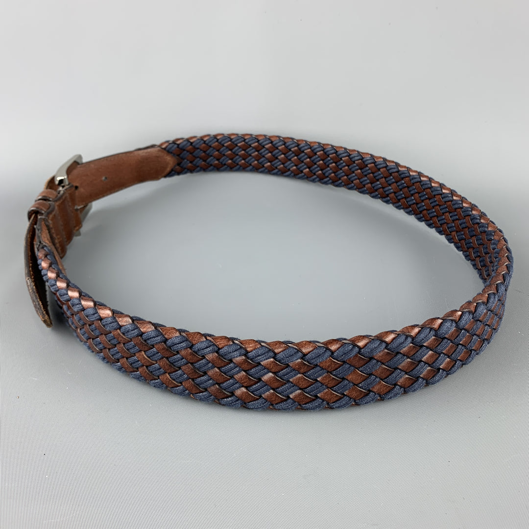 ALLEN EDMONDS Talla 36 Cinturón tejido con hebilla en tono plateado de cuero marrón y azul