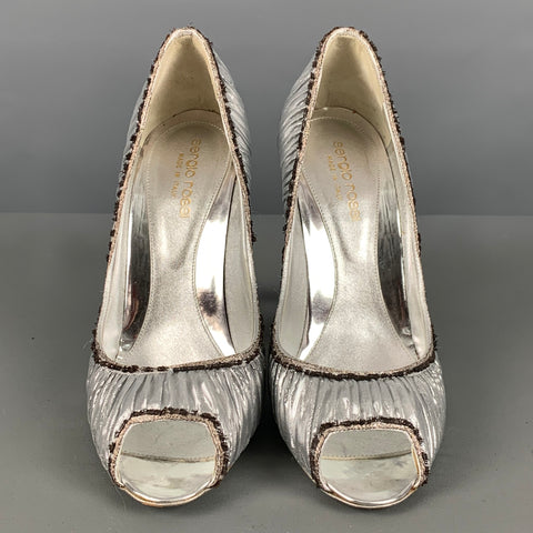 SERGIO ROSSI Talla 7 Zapatos de tacón peep toe metálicos lamé negros