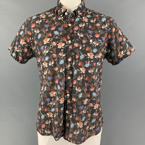 TODD SNYDER Size L Black Multi-Color Floral Cotton Short Sleeve Shirt