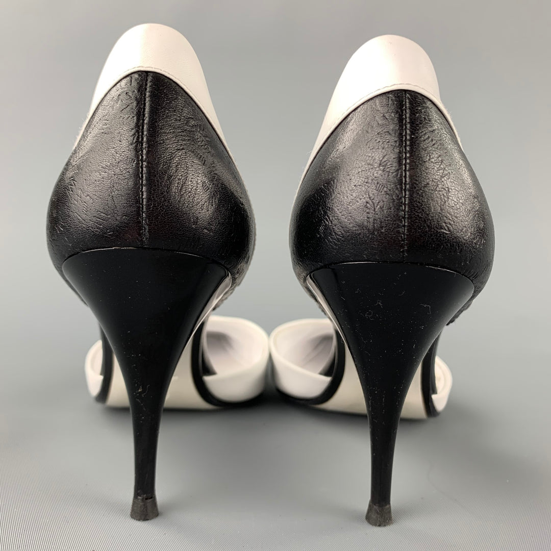 CHANEL Size 10 White & Black Two Toned Leather D'Orsay Pumps