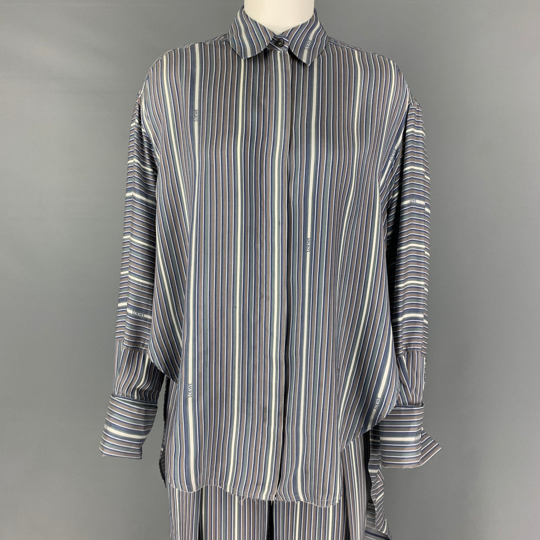 LOEWE Size 2 Grey White Blue Silk Stripe Asymmetrical Set